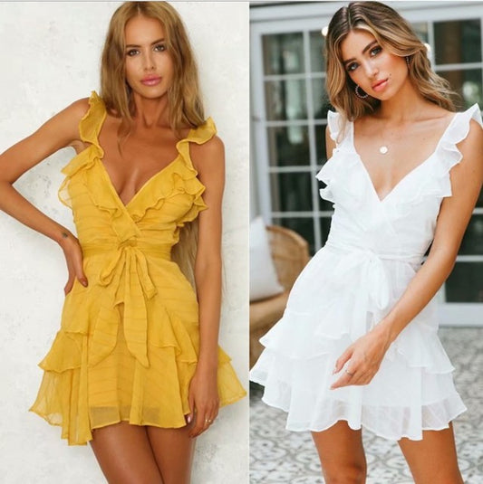 Cross-border European and American women's ruffled waist tied tie skirt Amazon AliExpress Ebay harness dress