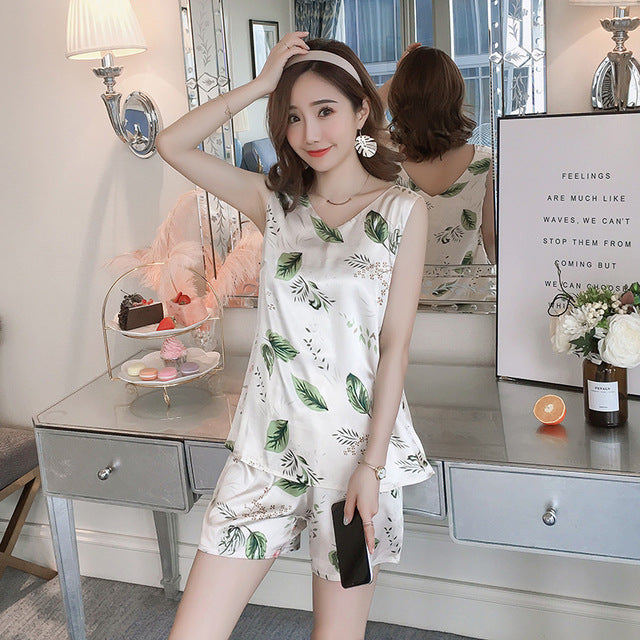 Simulation silk vest pajamas women summer suit sexy ice silk home service fat MM plus fat large size 3XL wholesale