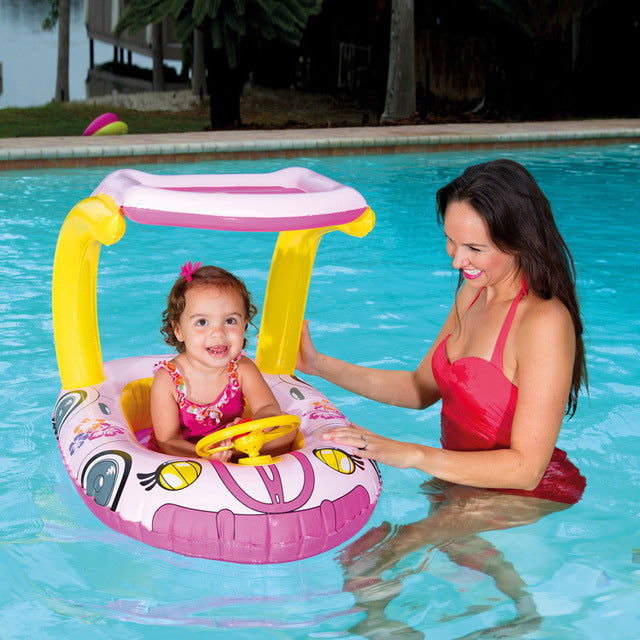 Children's inflatable boat with handle water floating seat type swimming ring cartoon seat ring awning sunscreen