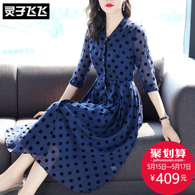 夏季蓝色中长款复古赫本风单排扣ol通勤气质职业波点衬衫连衣裙女