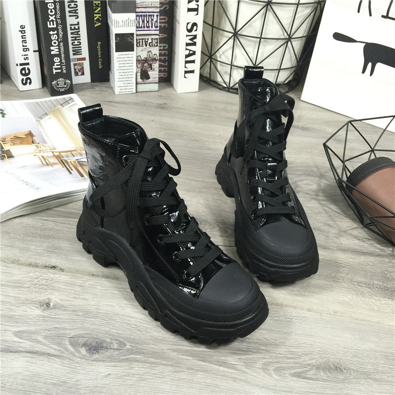 韩版秋冬新品漆皮短靴单鞋马丁靴女靴厚底松糕鞋坡跟休闲鞋机车靴