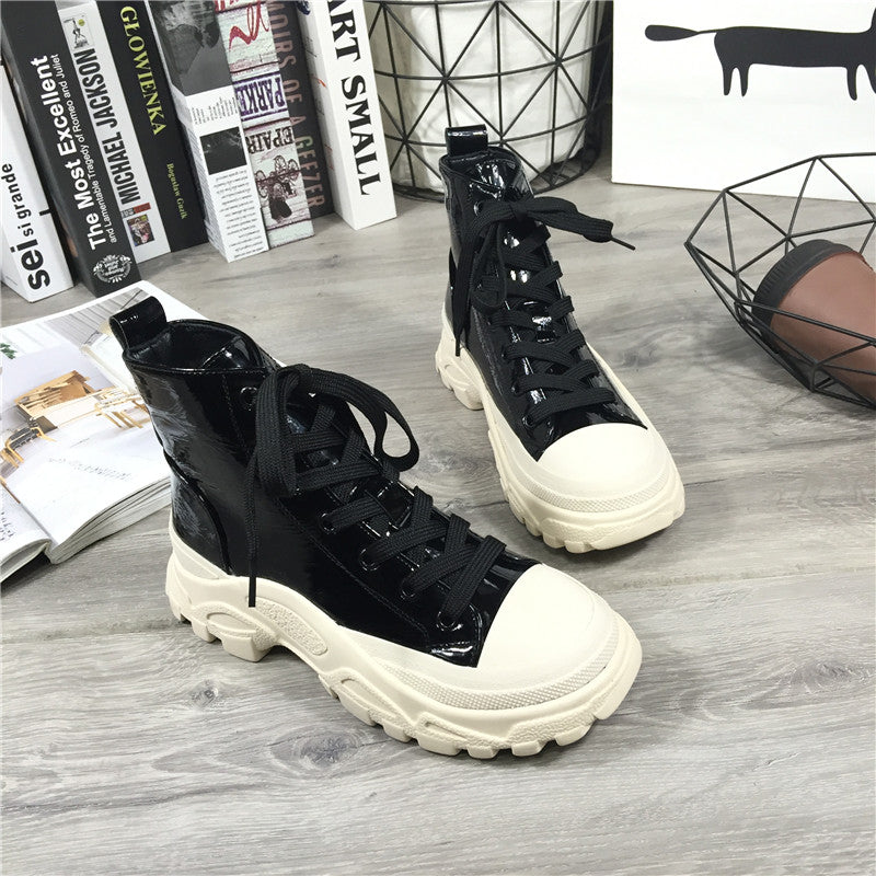 韩版秋冬新品漆皮短靴单鞋马丁靴女靴厚底松糕鞋坡跟休闲鞋机车靴