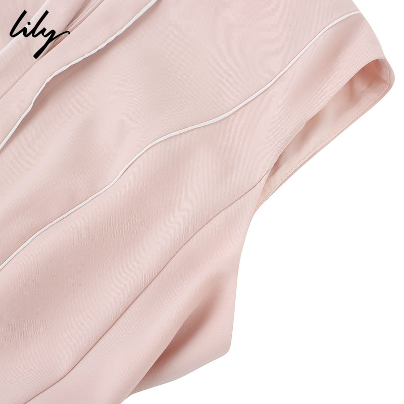 预售Lily2019夏新款女装时尚气质粉色收腰无袖修身通勤连衣裙7952
