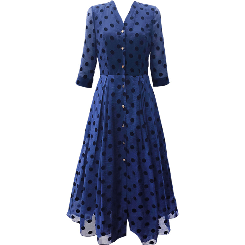夏季蓝色中长款复古赫本风单排扣ol通勤气质职业波点衬衫连衣裙女