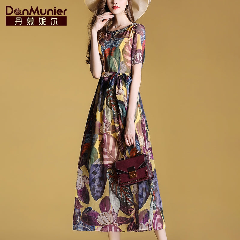 Dan Munier chiffon print long holiday dress female 2019 summer new slim long skirt