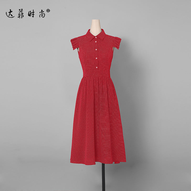 夏装2019新款女装红色衬衫长裙气质复古收腰裙子显瘦中长款连衣裙