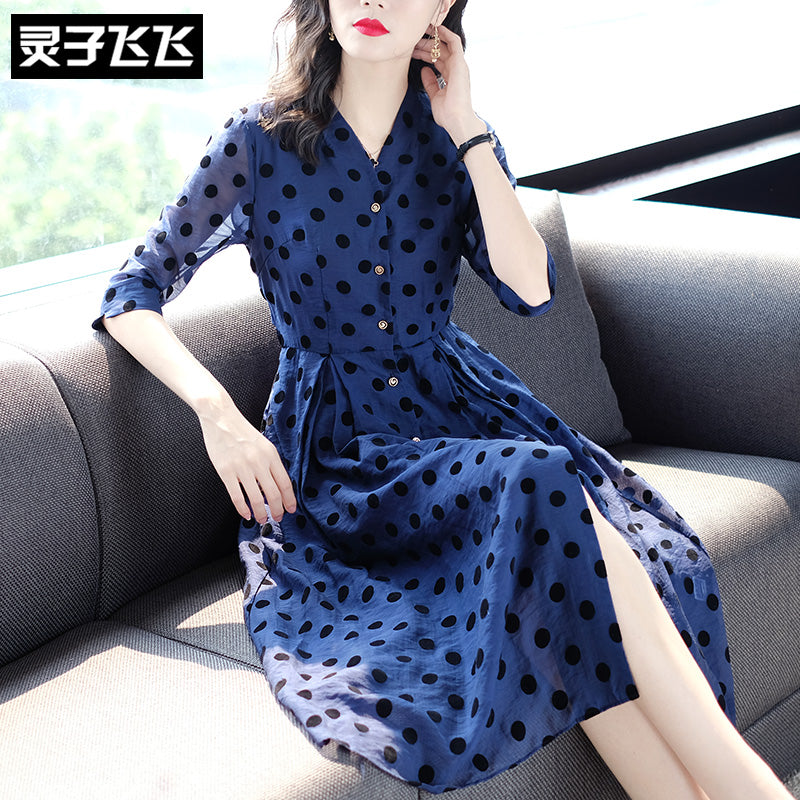 夏季蓝色中长款复古赫本风单排扣ol通勤气质职业波点衬衫连衣裙女