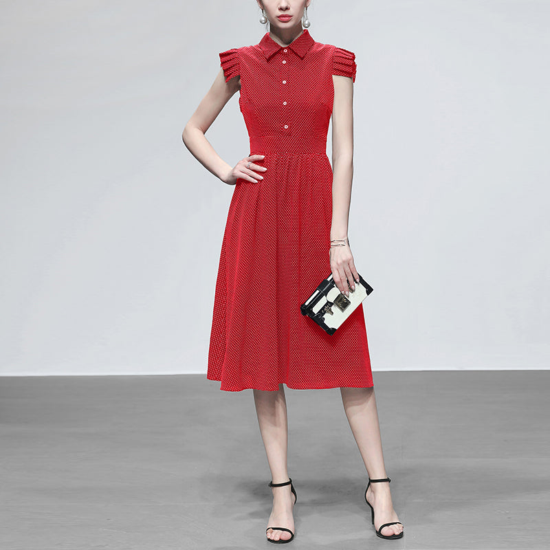 夏装2019新款女装红色衬衫长裙气质复古收腰裙子显瘦中长款连衣裙