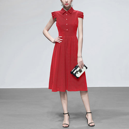 夏装2019新款女装红色衬衫长裙气质复古收腰裙子显瘦中长款连衣裙