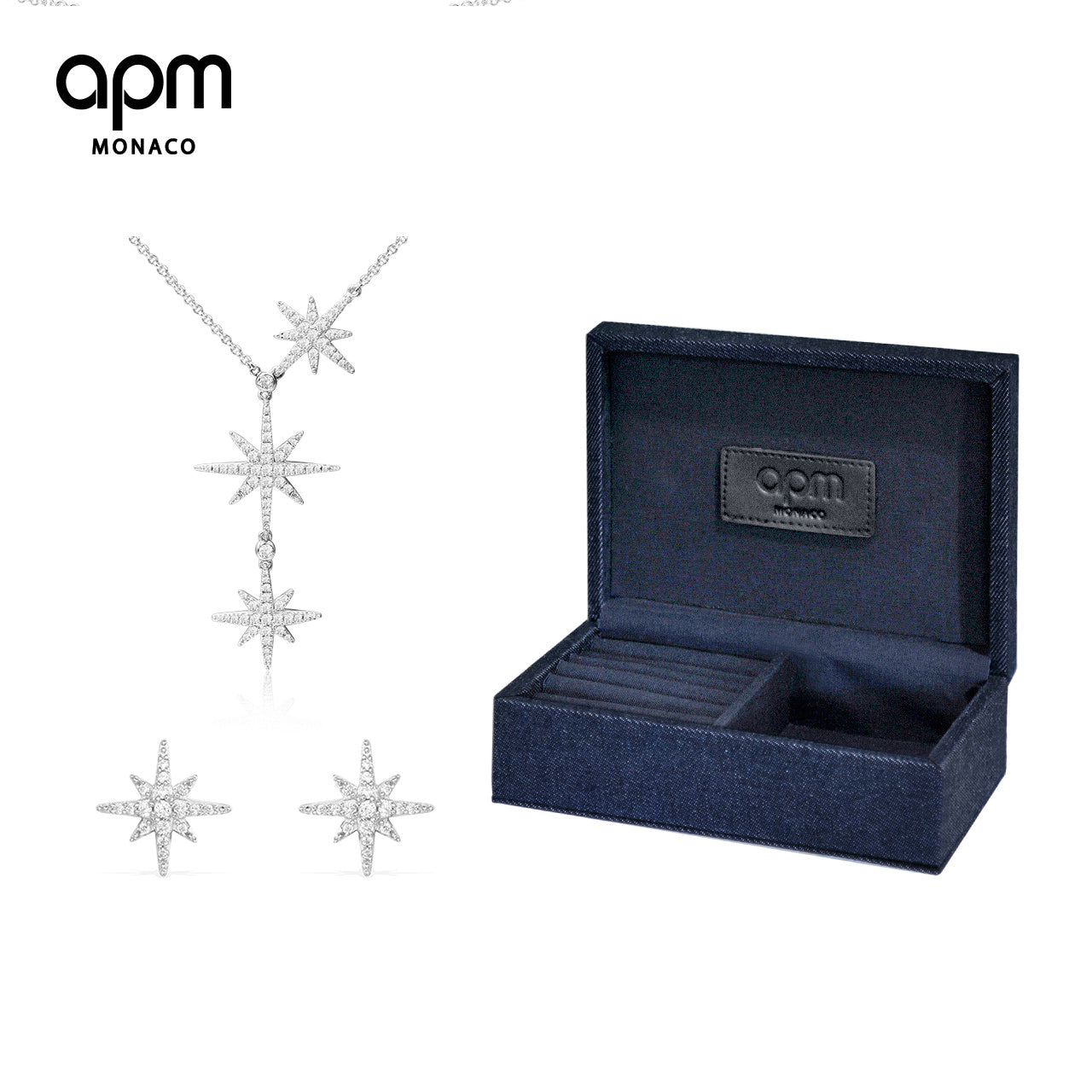 APM Monaco双流星项链+流星耳钉简约六芒星吊坠送女友首饰盒套装