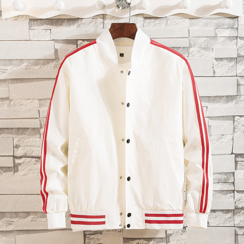 春秋季外套男士新款韩版潮流学生两条杠白色夹克棒球服薄款衣服男