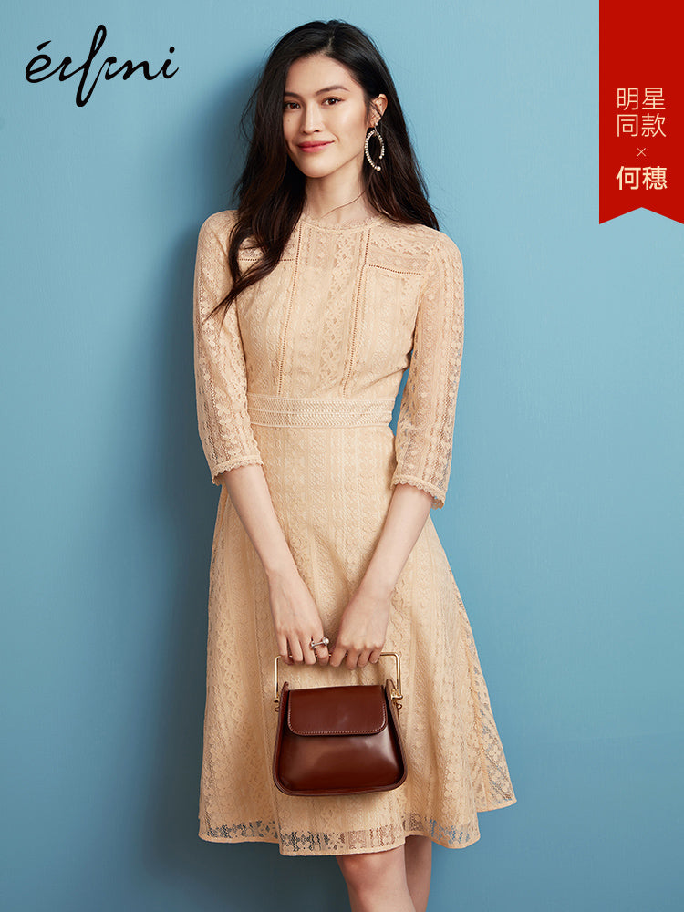 何穗同款伊芙丽裙子2019夏装新款流行复古裙高腰中袖蕾丝连衣裙女