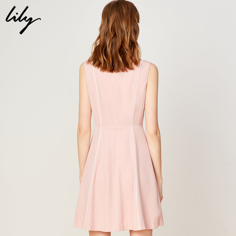 预售Lily2019夏新款女装时尚气质粉色收腰无袖修身通勤连衣裙7952