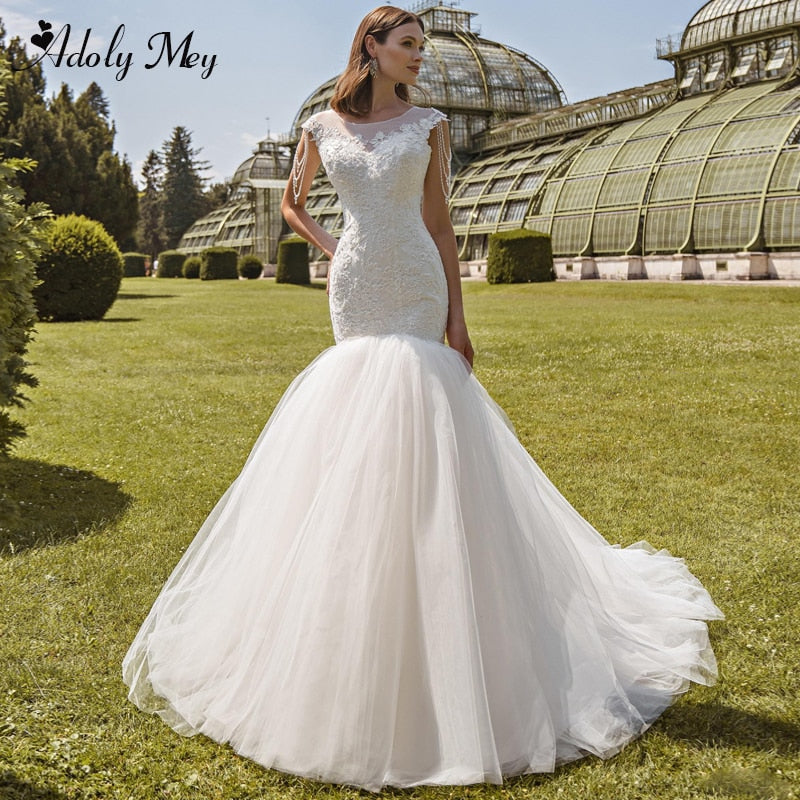 Scoop Neck Lace Up Mermaid Wedding Dresses 2020 Luxury Cap Sleeve Beaded Appliques Court Train Princess Wedding Gowns