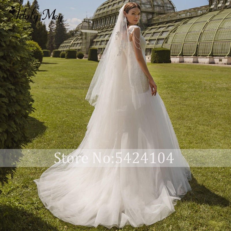 Scoop Neck Lace Up Mermaid Wedding Dresses 2020 Luxury Cap Sleeve Beaded Appliques Court Train Princess Wedding Gowns