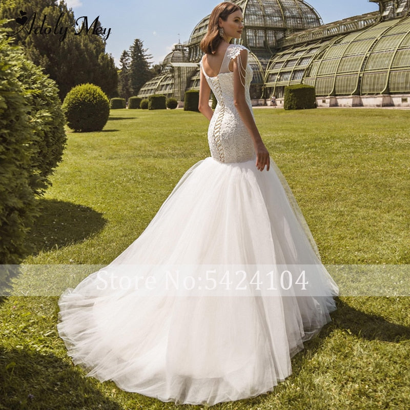 Scoop Neck Lace Up Mermaid Wedding Dresses 2020 Luxury Cap Sleeve Beaded Appliques Court Train Princess Wedding Gowns