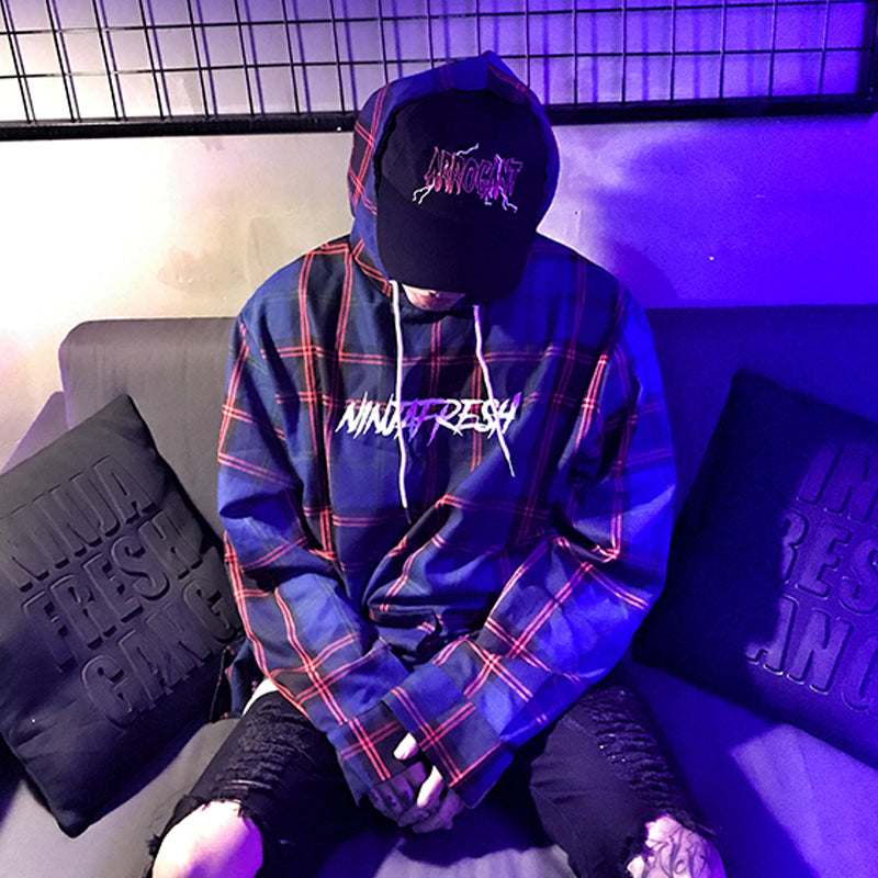 Mr fortyNFG高街刺绣情侣蓝红格子zico宋闵浩椰子连帽套头卫衣