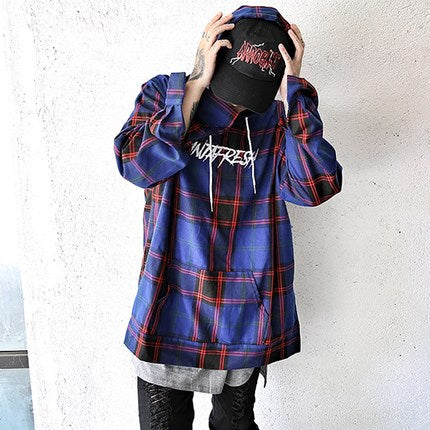 Mr fortyNFG高街刺绣情侣蓝红格子zico宋闵浩椰子连帽套头卫衣