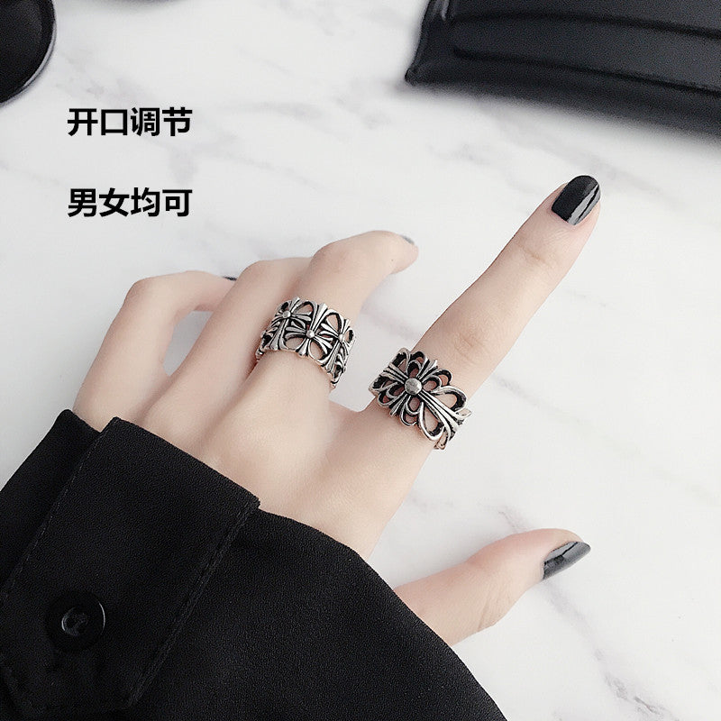 欧美混搭复古戒指女日韩简约潮流十字架朋克个性男女士开口食指戒