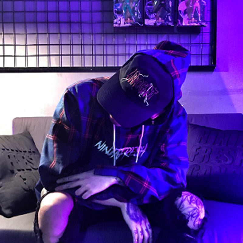 Mr fortyNFG高街刺绣情侣蓝红格子zico宋闵浩椰子连帽套头卫衣