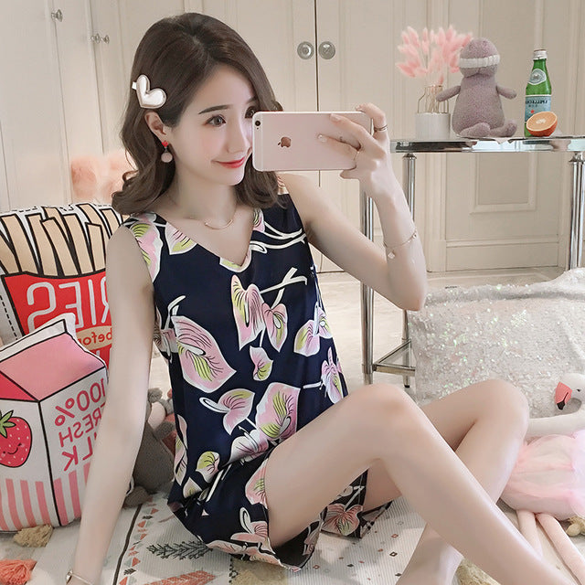 Simulation silk vest pajamas women summer suit sexy ice silk home service fat MM plus fat large size 3XL wholesale