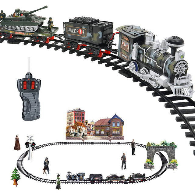 Electric smoke remote control track train simulation model rechargeable classic steam train children's toy set