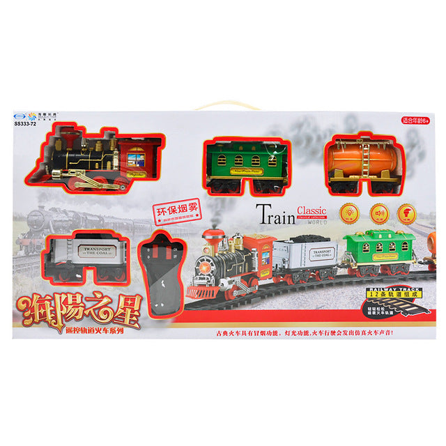 Electric smoke remote control track train simulation model rechargeable classic steam train children's toy set