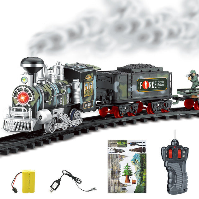 Electric smoke remote control track train simulation model rechargeable classic steam train children's toy set