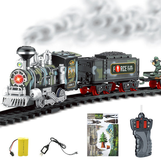 Electric smoke remote control track train simulation model rechargeable classic steam train children's toy set