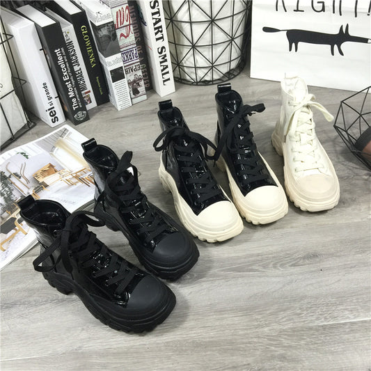 韩版秋冬新品漆皮短靴单鞋马丁靴女靴厚底松糕鞋坡跟休闲鞋机车靴