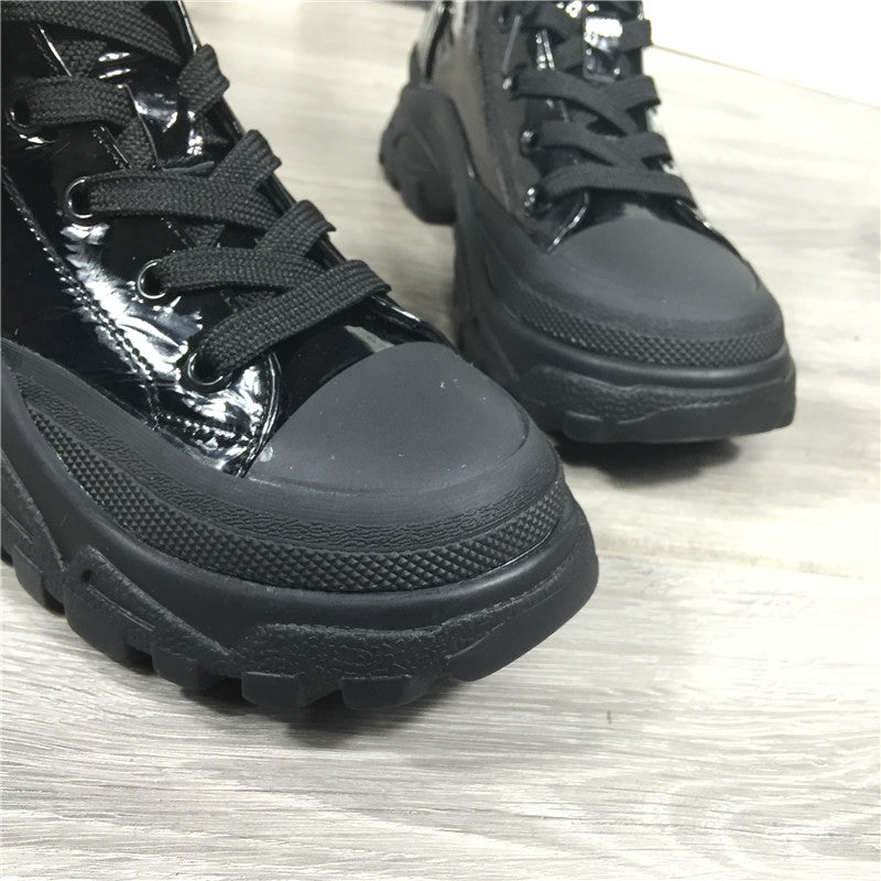 韩版秋冬新品漆皮短靴单鞋马丁靴女靴厚底松糕鞋坡跟休闲鞋机车靴