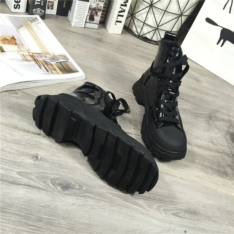 韩版秋冬新品漆皮短靴单鞋马丁靴女靴厚底松糕鞋坡跟休闲鞋机车靴