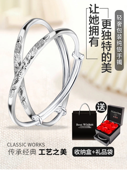 999银手镯女纯银银镯子情侣小众传承古法沙金网红母亲节礼物首饰
