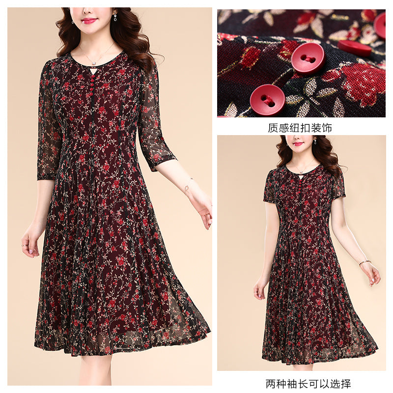 台湾网纱连衣裙品牌女装2019夏季新款大码韩版短袖中年妈妈装裙子