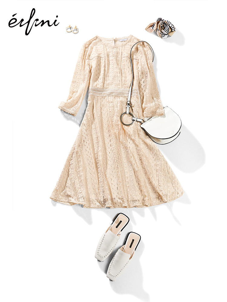 何穗同款伊芙丽裙子2019夏装新款流行复古裙高腰中袖蕾丝连衣裙女