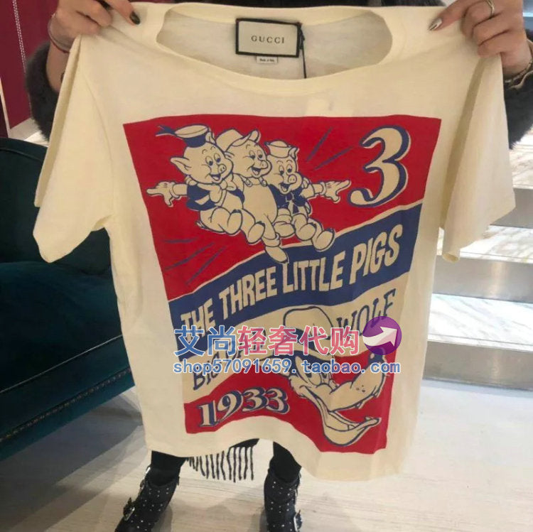 Purchasing genuine Gucci / Gucci t-shirt 2019 new three little pig pictorial back sequin logo cotton short sleeve