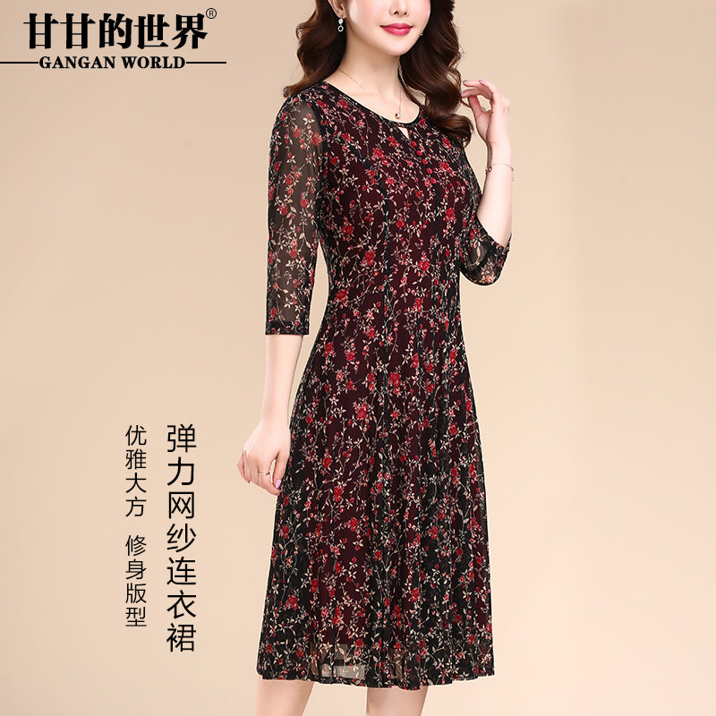 台湾网纱连衣裙品牌女装2019夏季新款大码韩版短袖中年妈妈装裙子