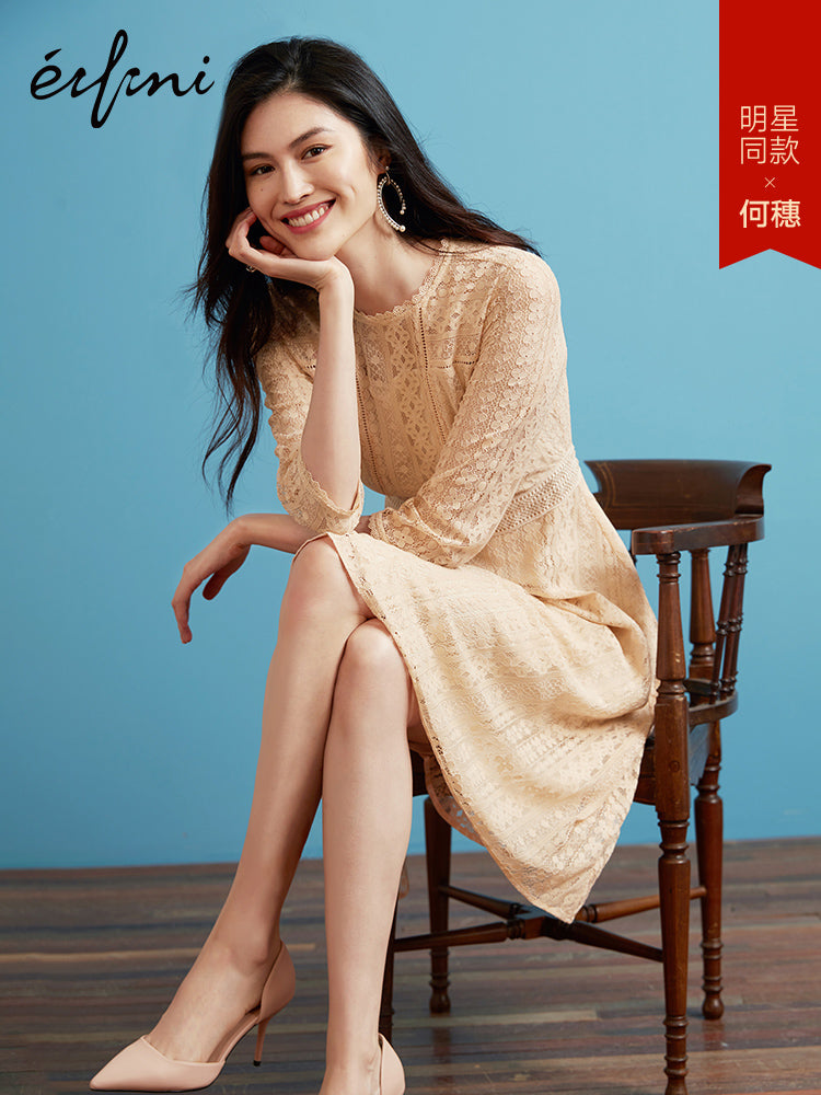 何穗同款伊芙丽裙子2019夏装新款流行复古裙高腰中袖蕾丝连衣裙女