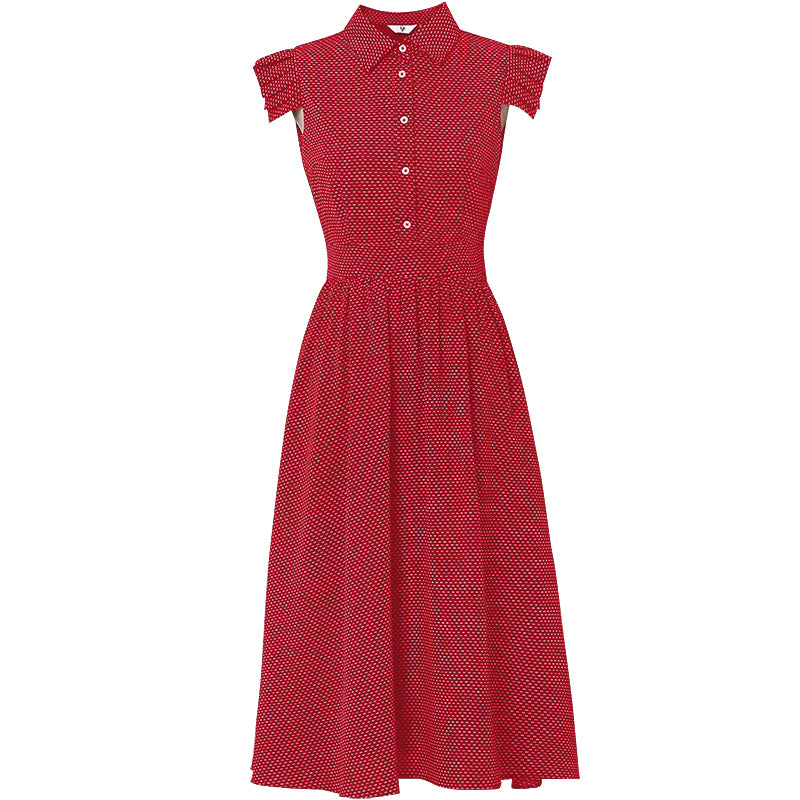 夏装2019新款女装红色衬衫长裙气质复古收腰裙子显瘦中长款连衣裙