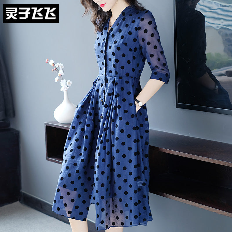 夏季蓝色中长款复古赫本风单排扣ol通勤气质职业波点衬衫连衣裙女