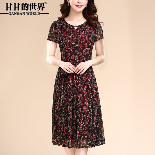 台湾网纱连衣裙品牌女装2019夏季新款大码韩版短袖中年妈妈装裙子