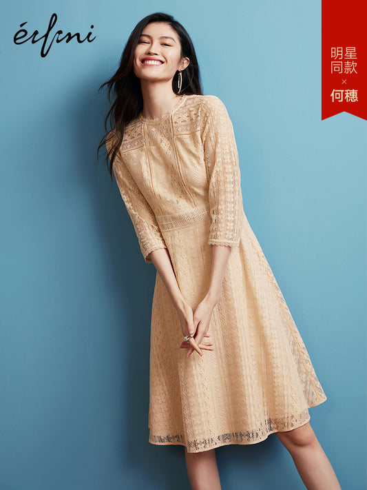 何穗同款伊芙丽裙子2019夏装新款流行复古裙高腰中袖蕾丝连衣裙女