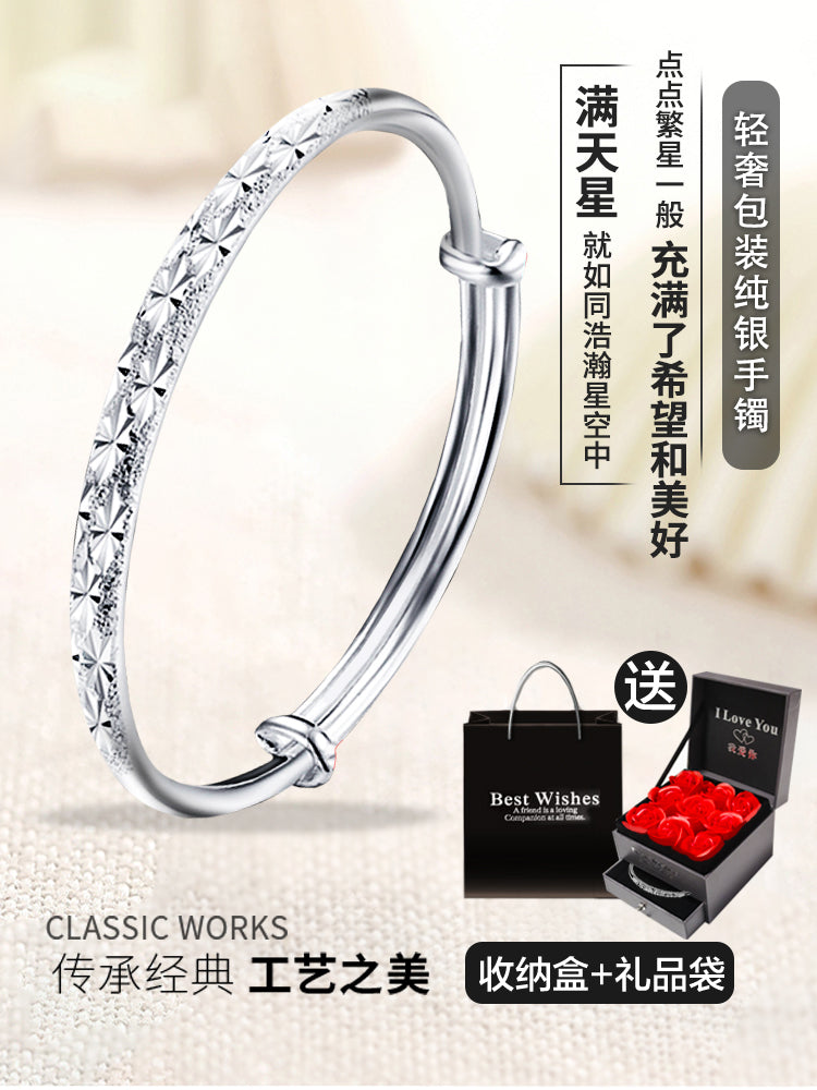 999银手镯女纯银银镯子情侣小众传承古法沙金网红母亲节礼物首饰