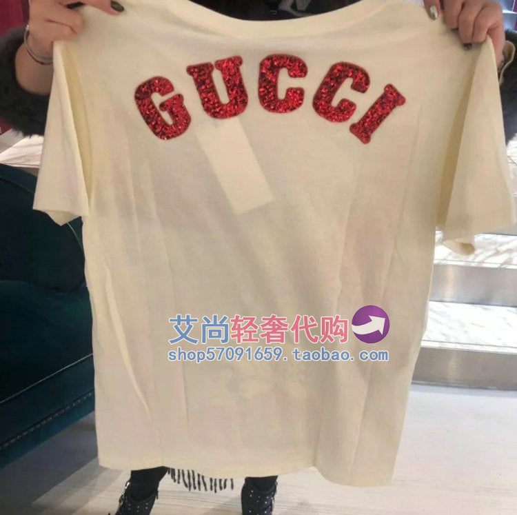 Purchasing genuine Gucci / Gucci t-shirt 2019 new three little pig pictorial back sequin logo cotton short sleeve