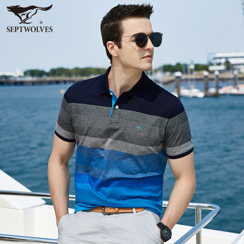 七匹狼丝光棉短袖T恤 男士纯棉宽松翻领渐变polo衫男2019夏装新款