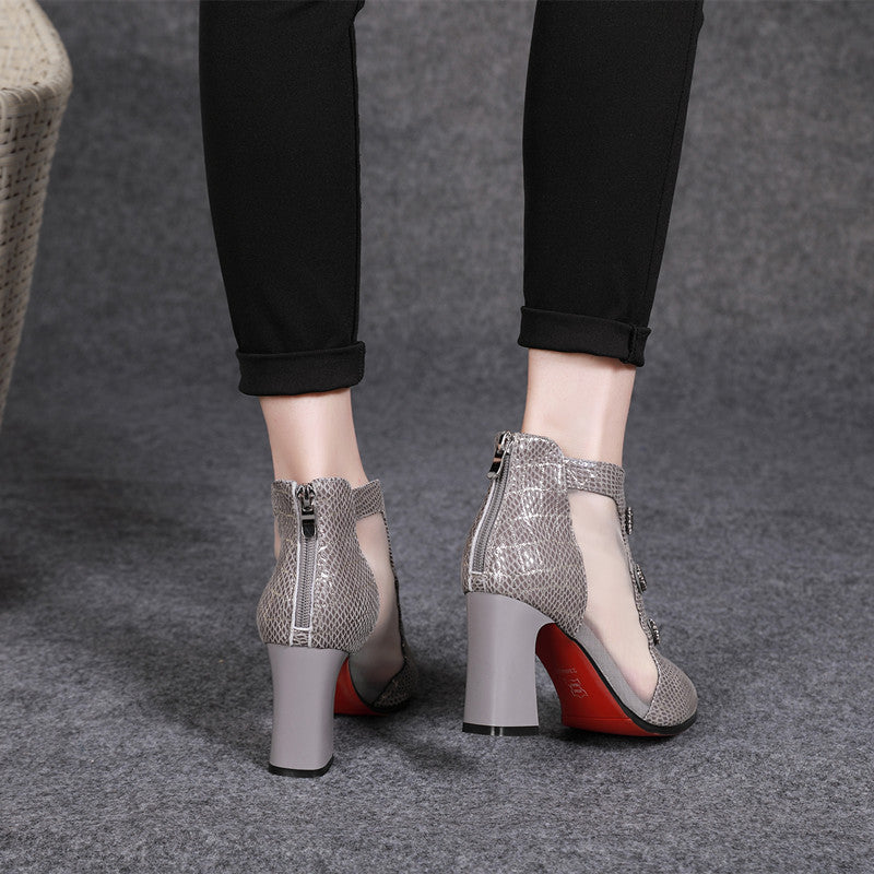 春夏新款2019尖头网靴时尚镂空粗跟高跟鞋中跟水钻凉鞋真皮凉靴子