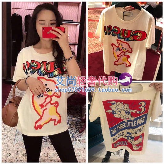 Purchasing genuine Gucci / Gucci t-shirt 2019 new three little pig pictorial back sequin logo cotton short sleeve
