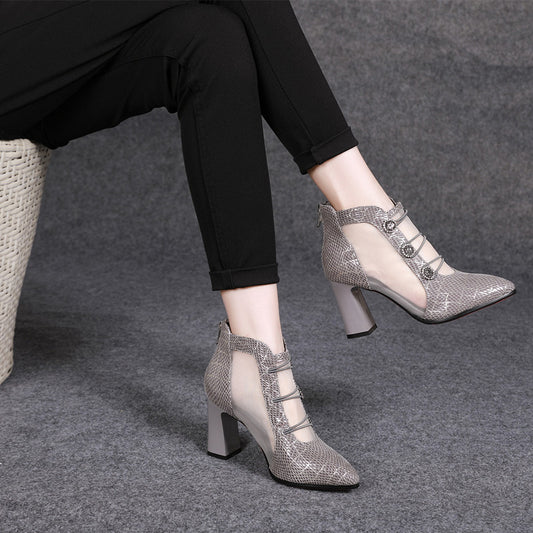 春夏新款2019尖头网靴时尚镂空粗跟高跟鞋中跟水钻凉鞋真皮凉靴子