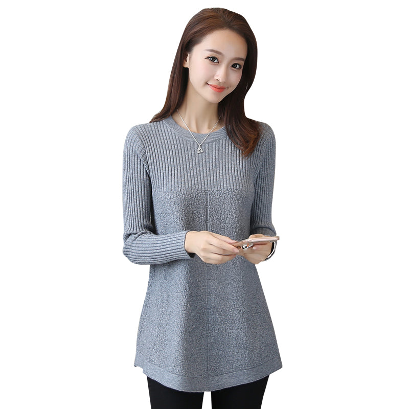 秋季新品女装毛衣韩版时尚中长款针织衫圆领纯色百搭打底针织衫潮