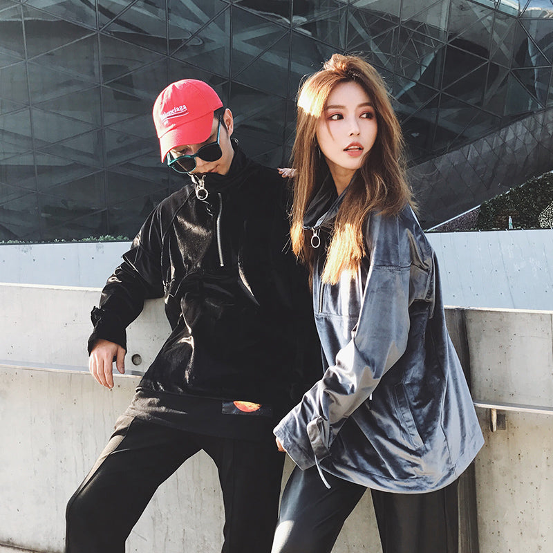 Eyt潮牌高街丝绒抽象刺绣国潮男女情侣高领ins超火同款卫衣秋MUYU